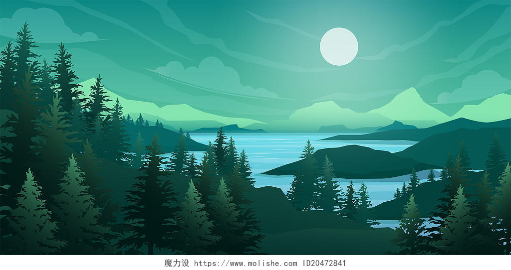 深绿色唯美场景树林月亮山水森林展板背景插画